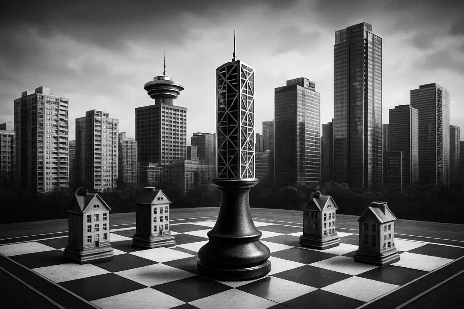 Steel skyscrapers resembling chess pieces with a city skyline backdrop