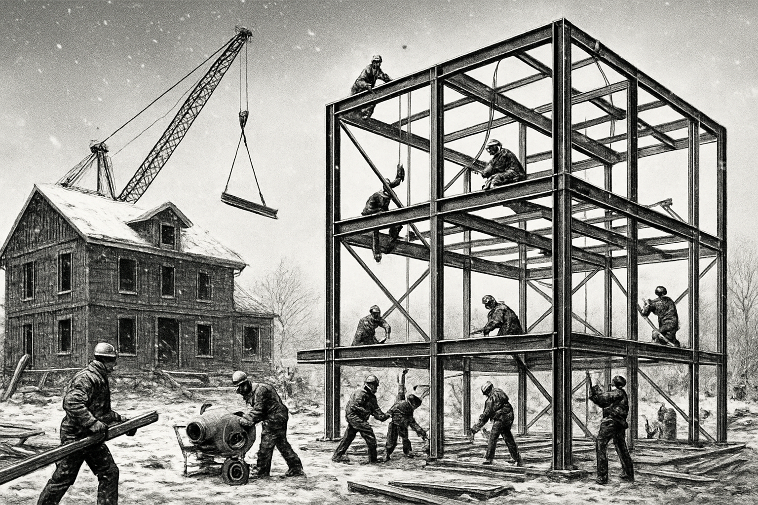 Steel Construction Efficiency Contrast Steel construction workers assembling a building frame in snowy conditions.