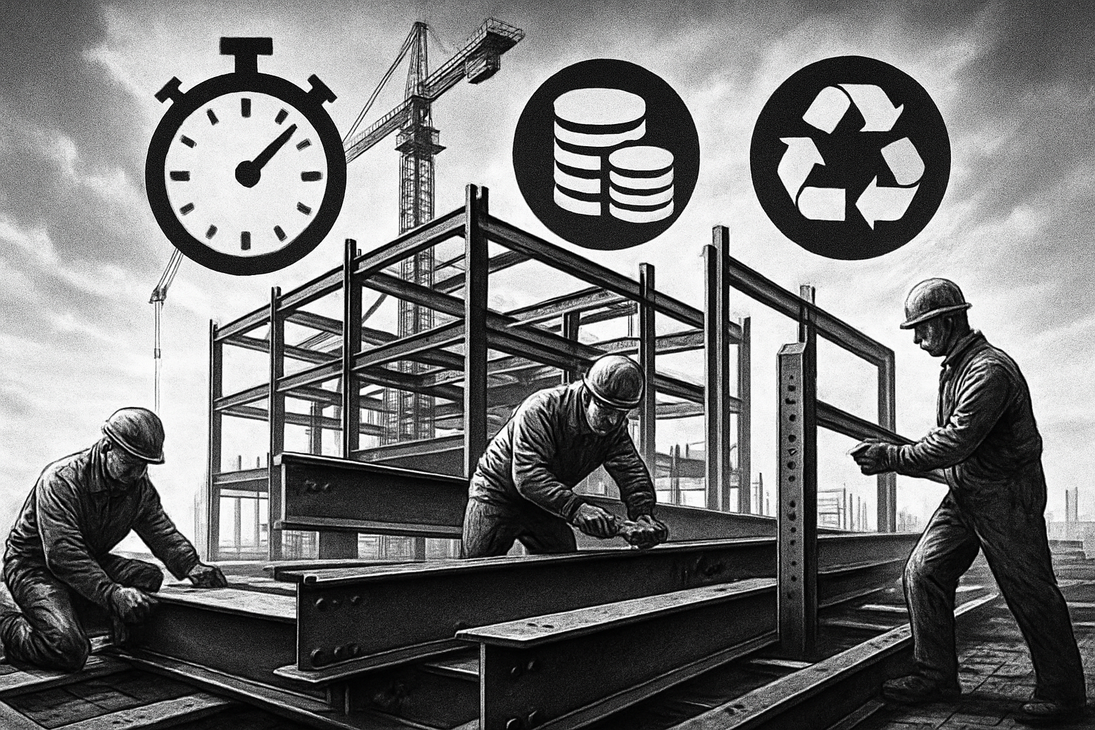 Steel construction site with efficiency icons including stopwatch, coins, and recycle symbol.