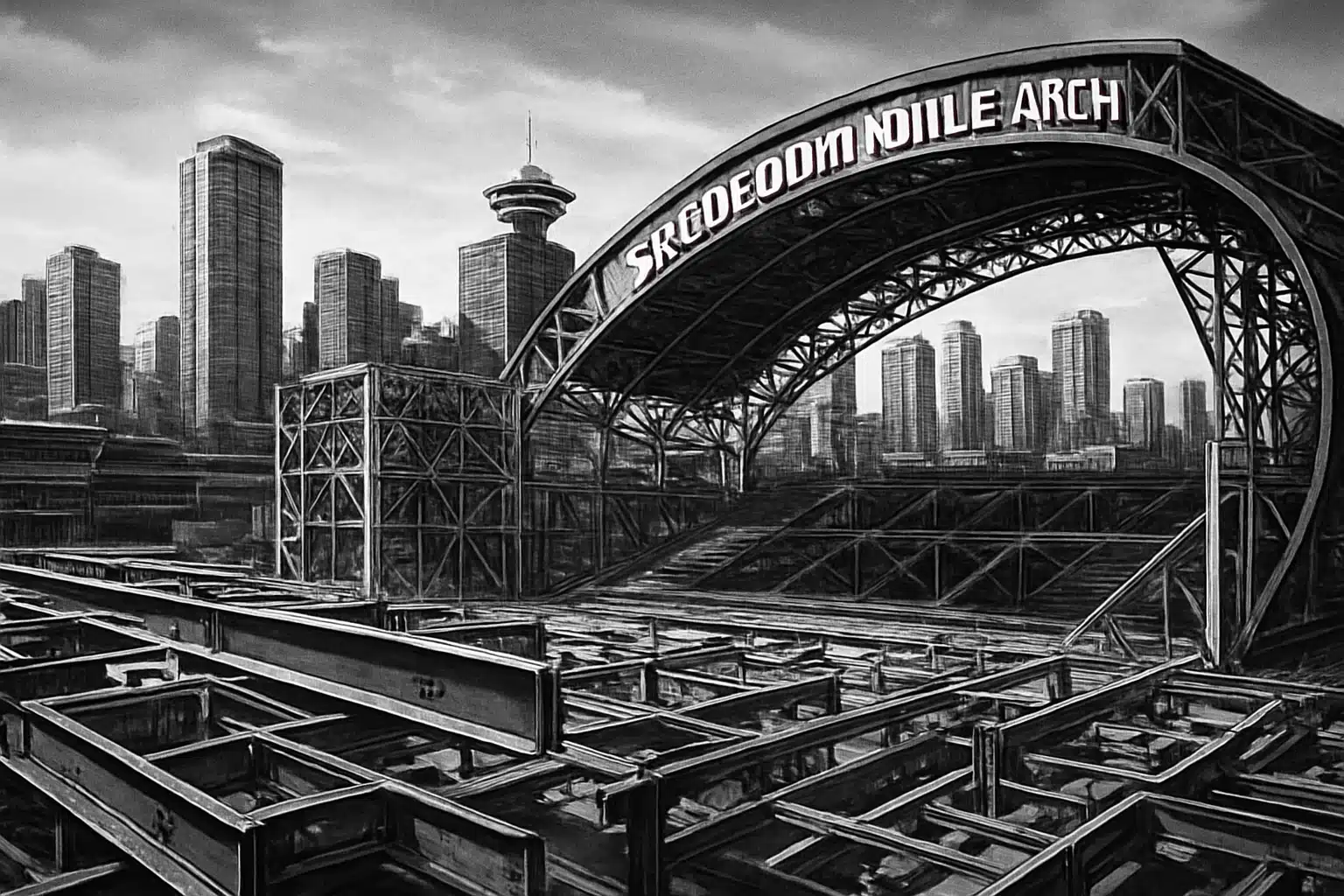 Steel Construction Evolution Canada Modern steel construction framework with a city skyline backdrop.