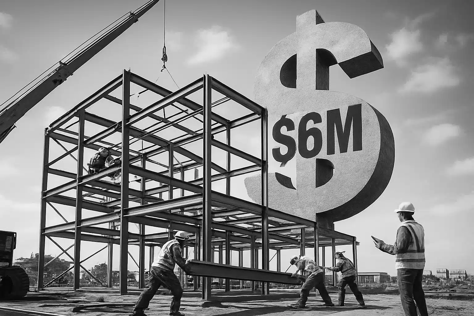 Steel construction site with workers assembling a metal framework