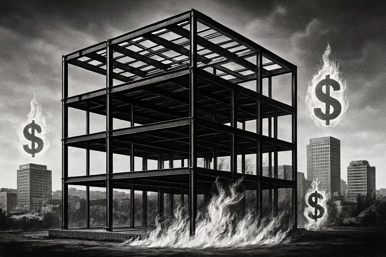 Steel Building Fire Resistance and Cost Efficiency Steel building frame surrounded by flames and dollar signs.