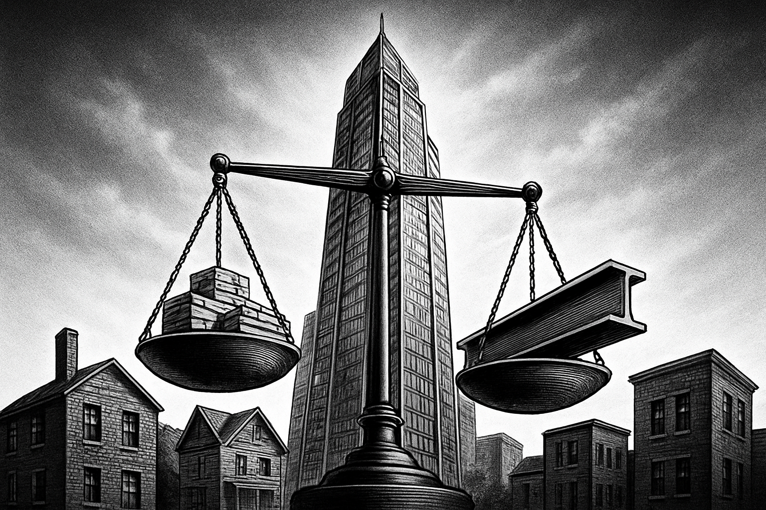 Scales balancing wood and steel in front of a skyscraper.