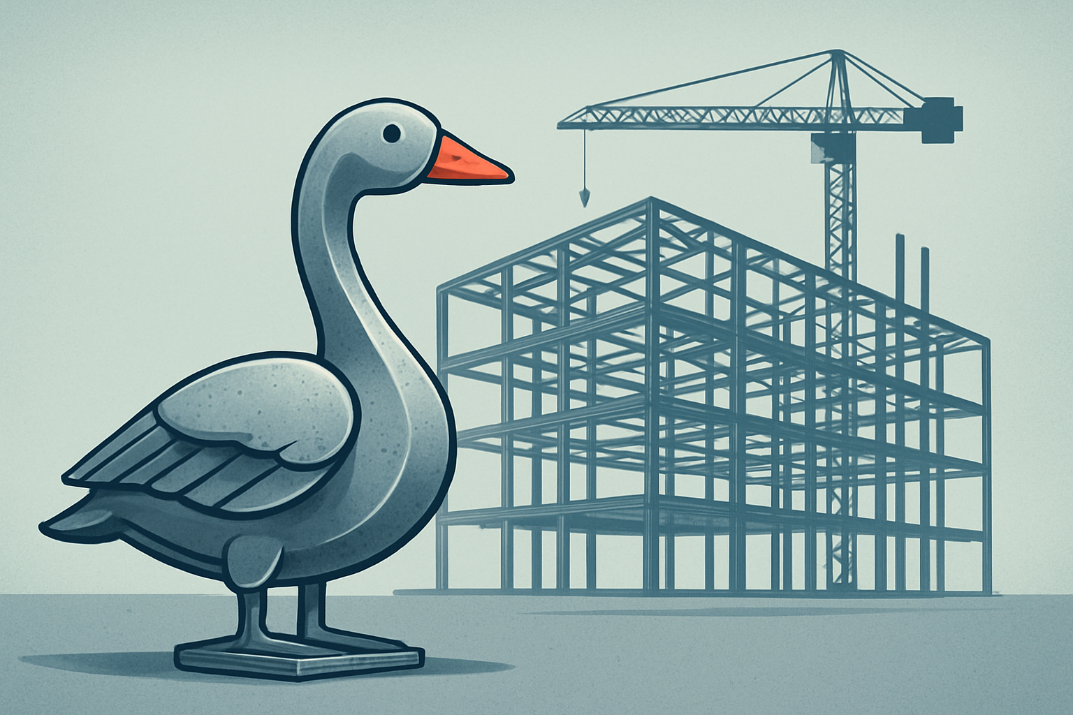 Steel goose statue with a crane and steel building frame in the background.