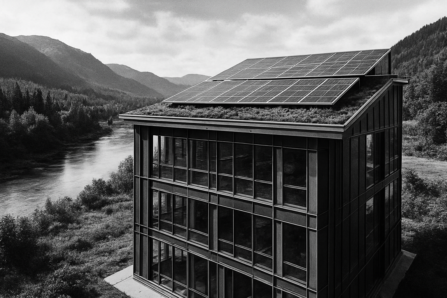 Steel building with solar panels by Taku River.