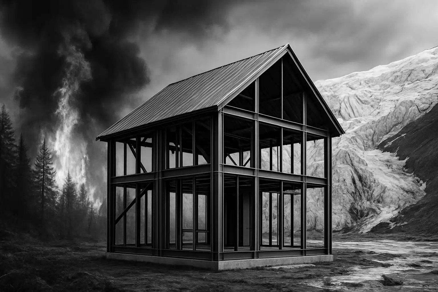 Steel house frame with stormy sky and fire in background.
