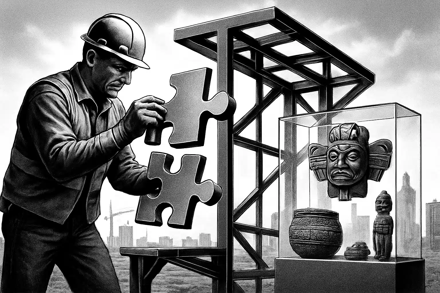 Steel Construction and Cultural Heritage Construction worker assembling steel structure with traditional artifacts displayed nearby.