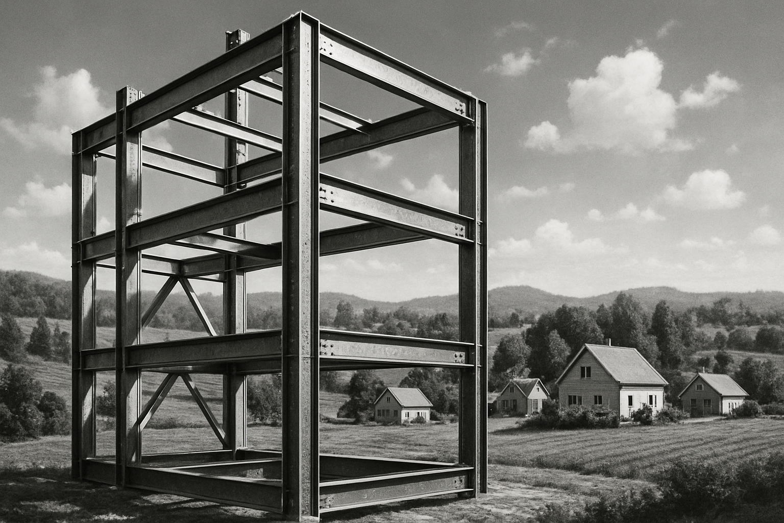 Steel Construction Frame In Rural British Columbia Steel construction frame in rural British Columbia landscape