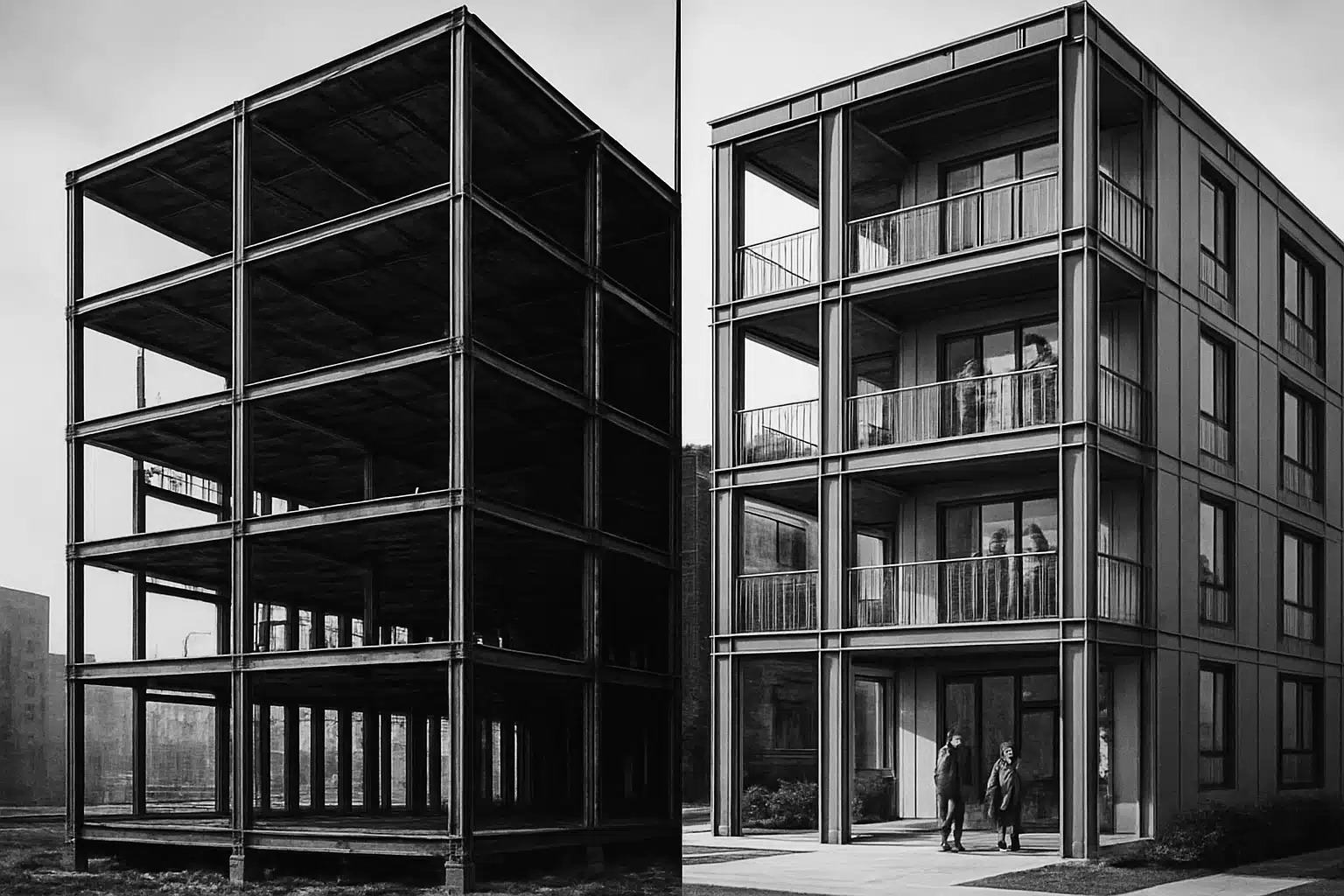 Steel construction in housing plan showcasing transformation from frame to finished building.