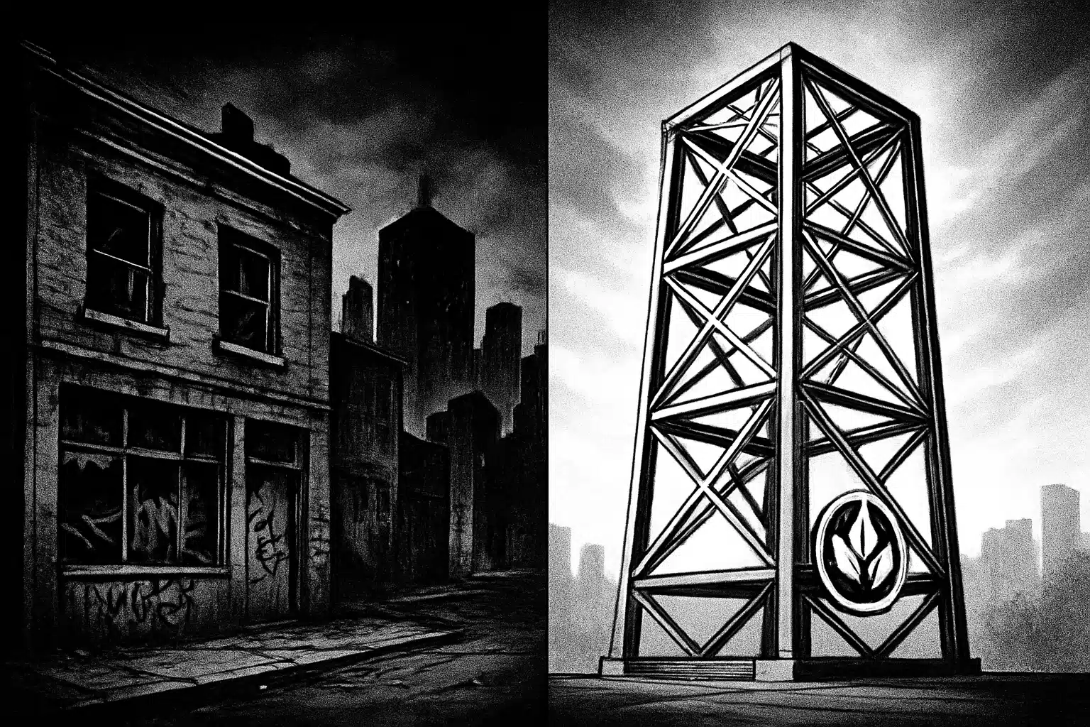 Steel Tower Versus Urban Decay BC Steel tower structure contrasting with dilapidated urban buildings