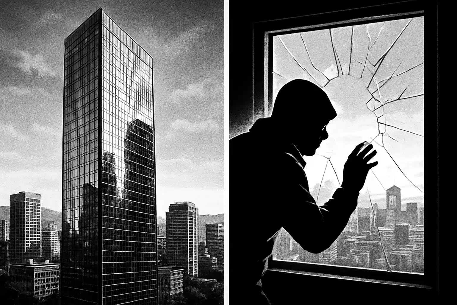 Steel Skyscraper And Shadows In Vancouver Tall steel skyscraper in Vancouver with a shadowy figure near a broken window.