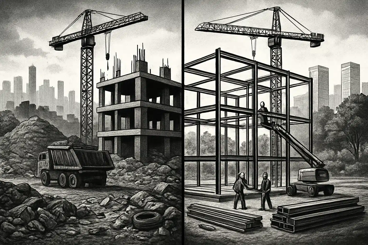 Comparison of steel and concrete construction sites with cranes and workers.