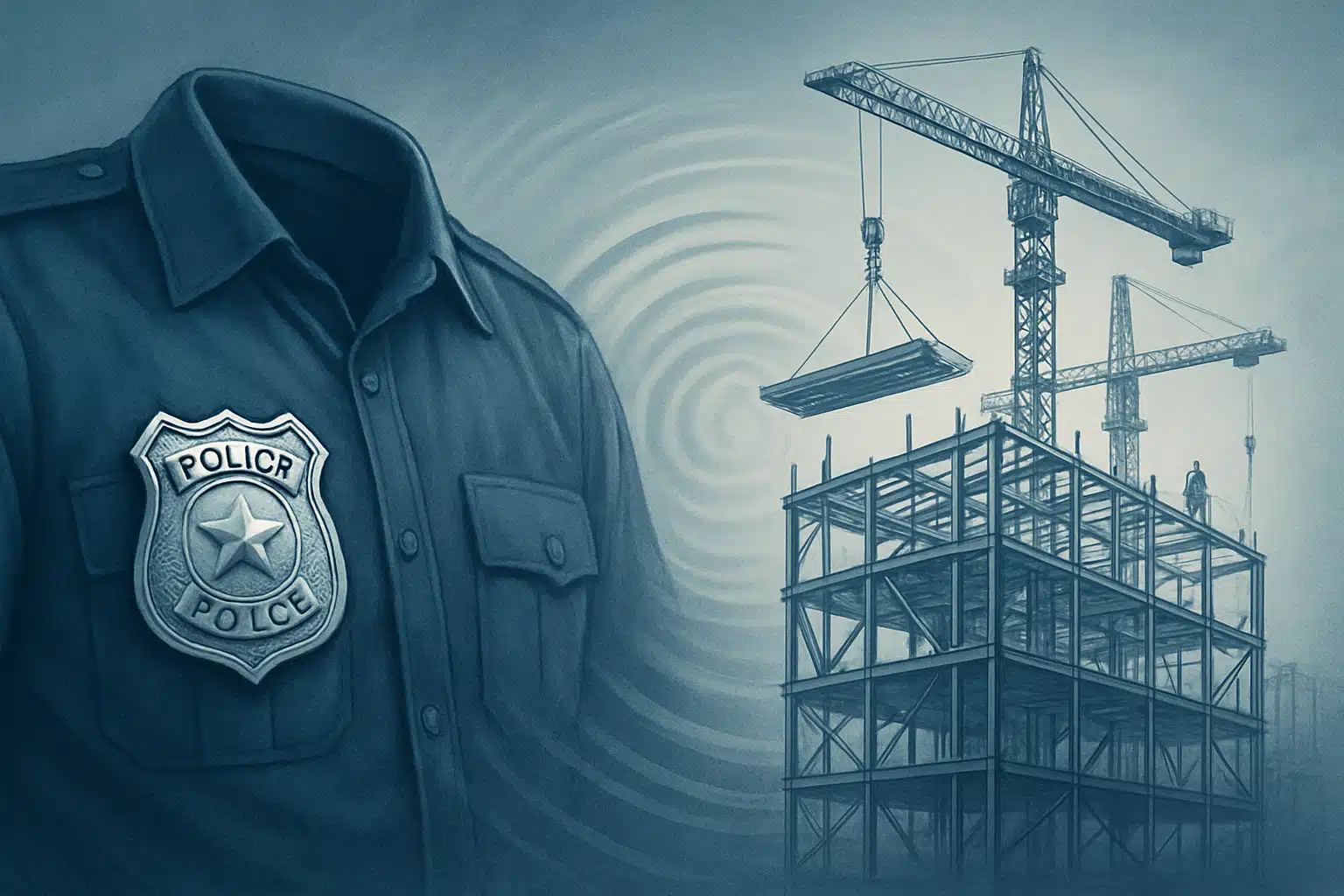 Steel building under construction with cranes and police badge overlay