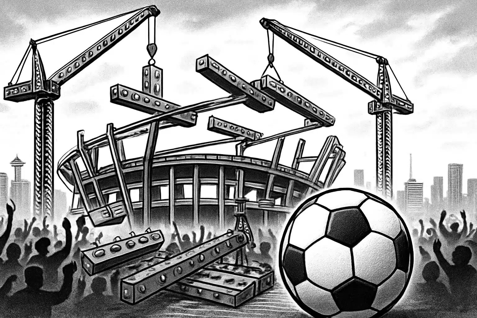Steel construction of a stadium with cranes and a soccer ball in the foreground.