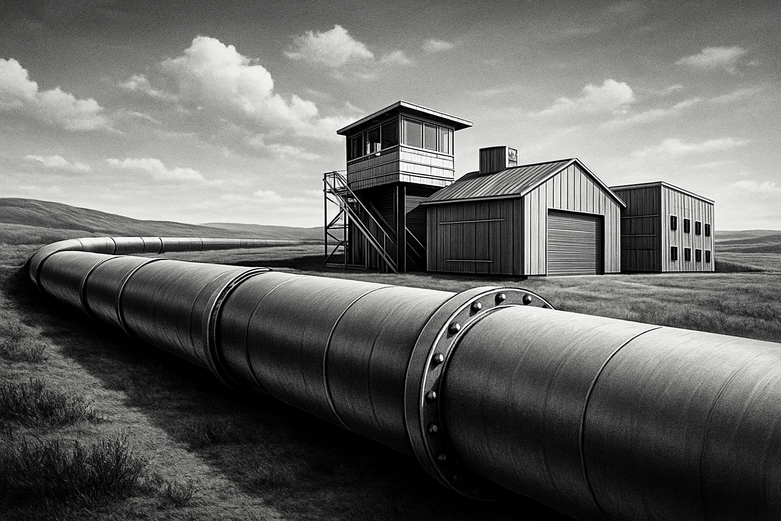 Steel pipeline and structures in Alberta landscape