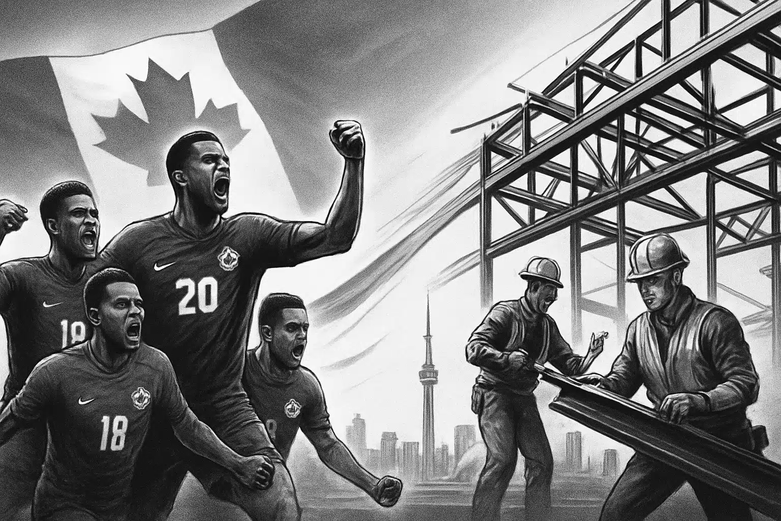 Canadian Triumph In Steel Construction Canadian athletes celebrating with steel construction workers in front of a Canadian flag.