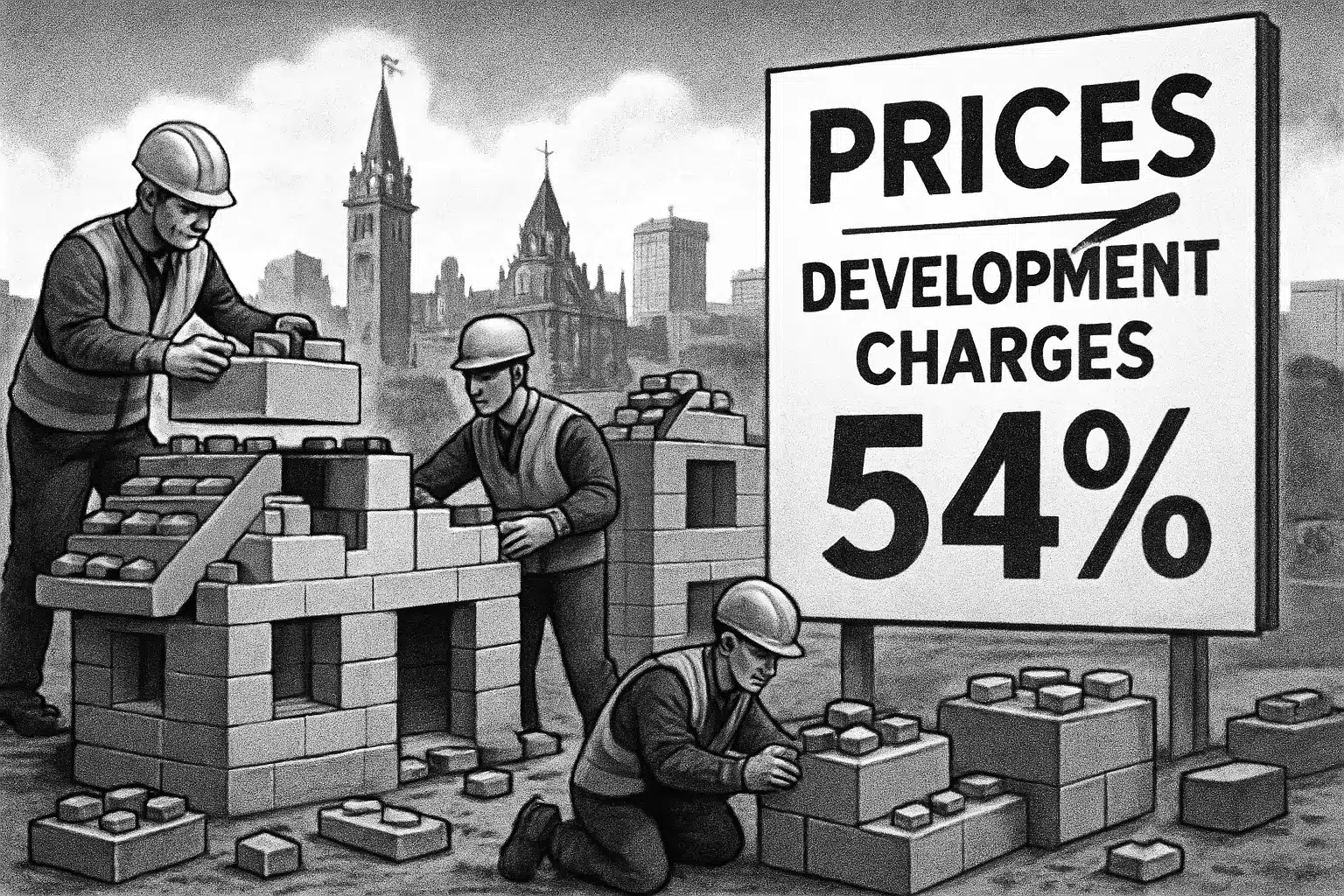 Construction workers building with bricks in Ottawa, development charges sign in background.