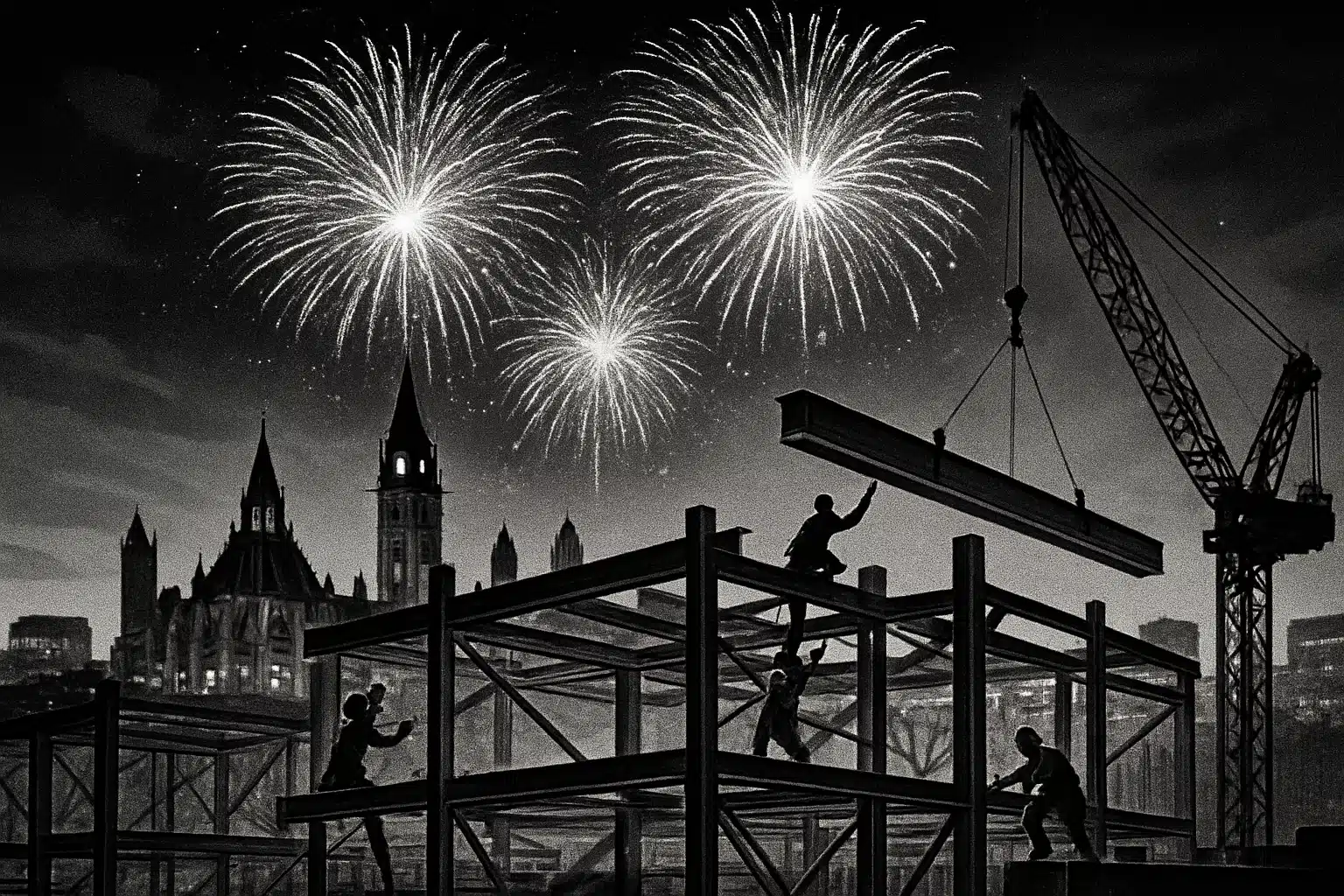 Ottawa Steel Construction With Fireworks Steel construction site with fireworks in Ottawa skyline.