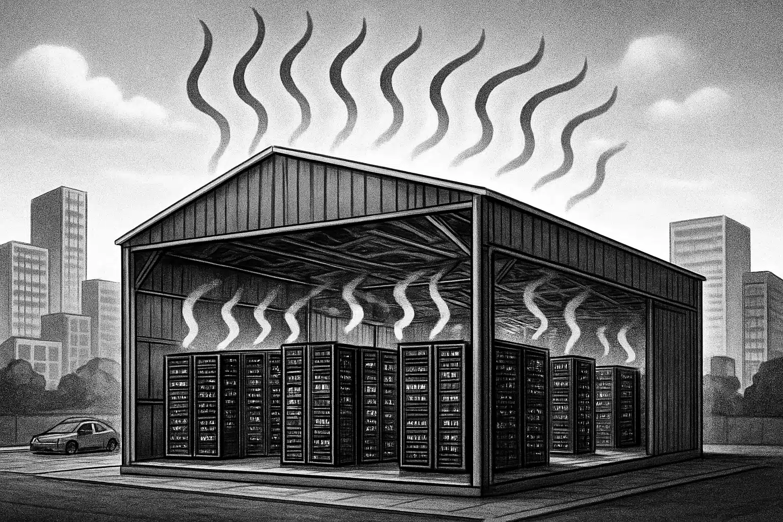 Steel Data Centre Heat Management Steel data centre with visible heat waves rising from servers.