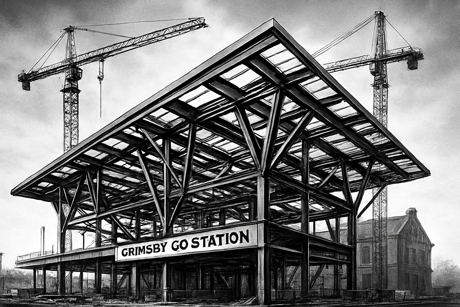 Steel structure of Grimsby GO Station under construction with cranes in view.