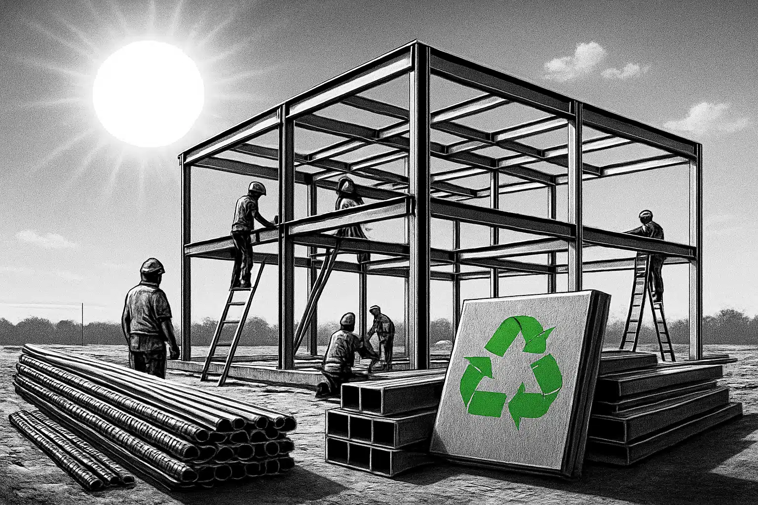 Steel Construction Framework Under Bright Sun Steel construction framework under bright sun with workers and recycling symbol.