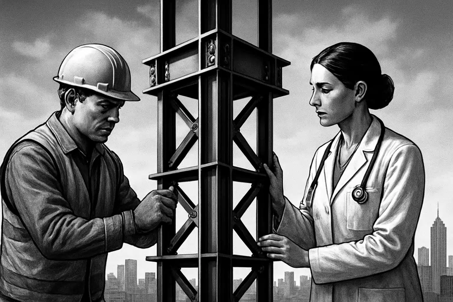 Construction worker and doctor collaborating on a steel beam.