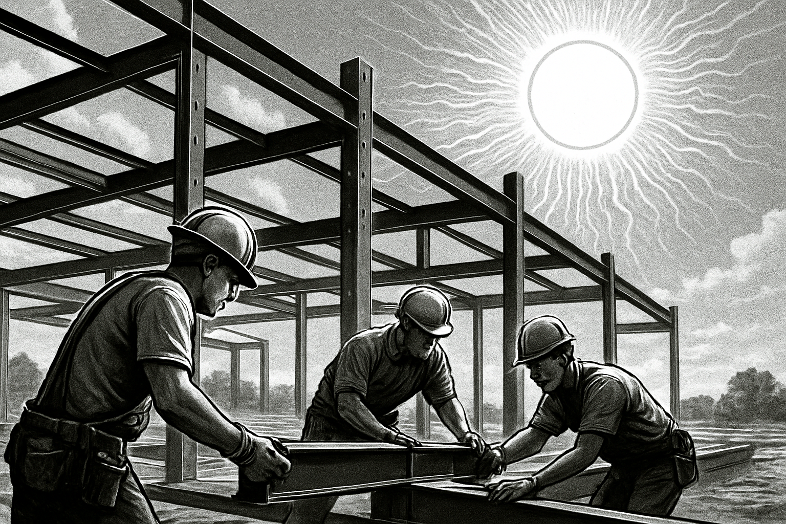 Steel Construction Under Scorching Sun Workers constructing steel framework under a bright sun.