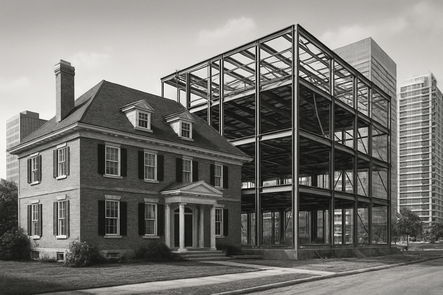 Steel Construction Meets Traditional Architecture In Canada Steel construction frame beside traditional brick building in Canadian cityscape