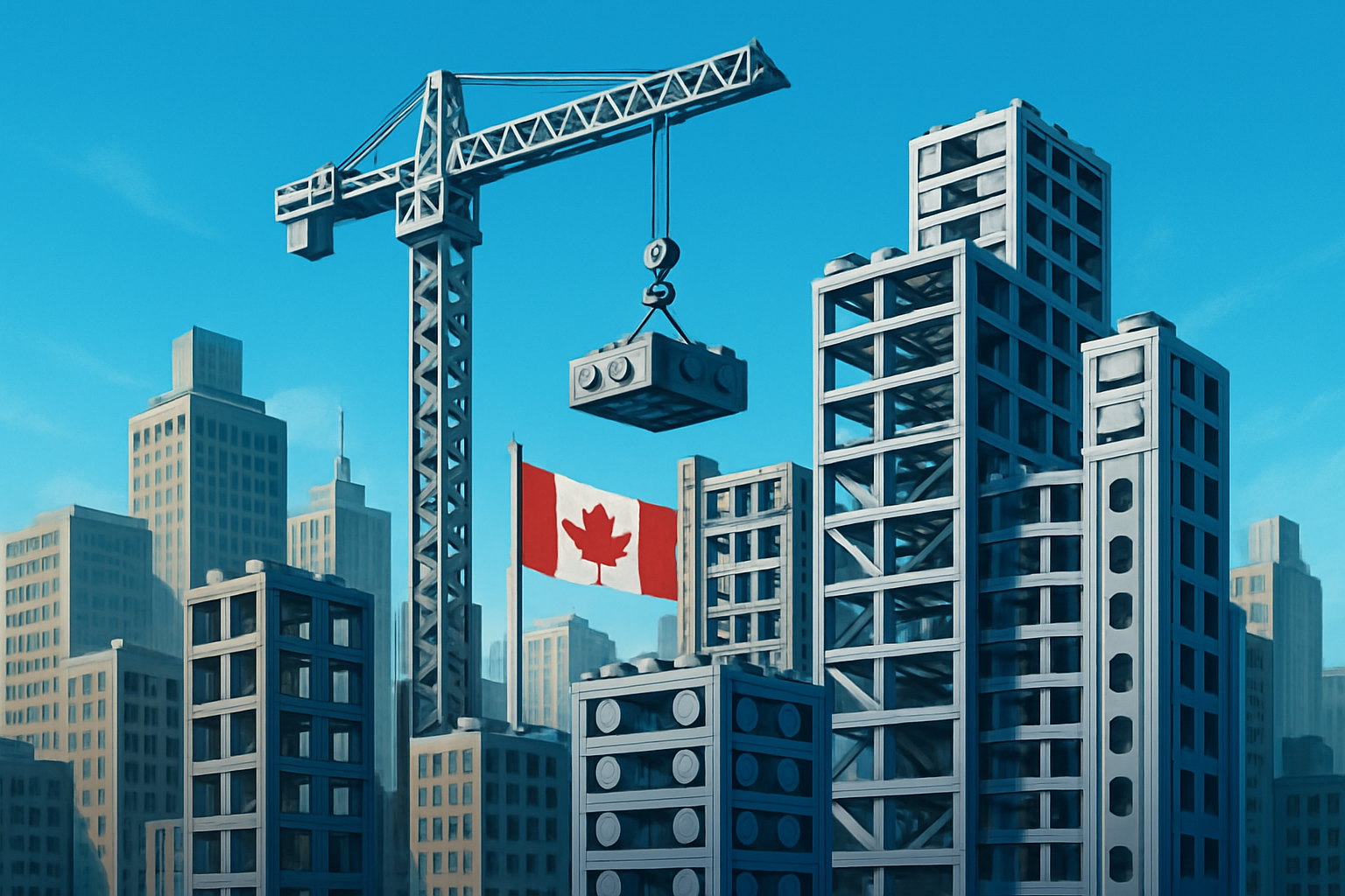 Canadian skyline with steel buildings and a crane