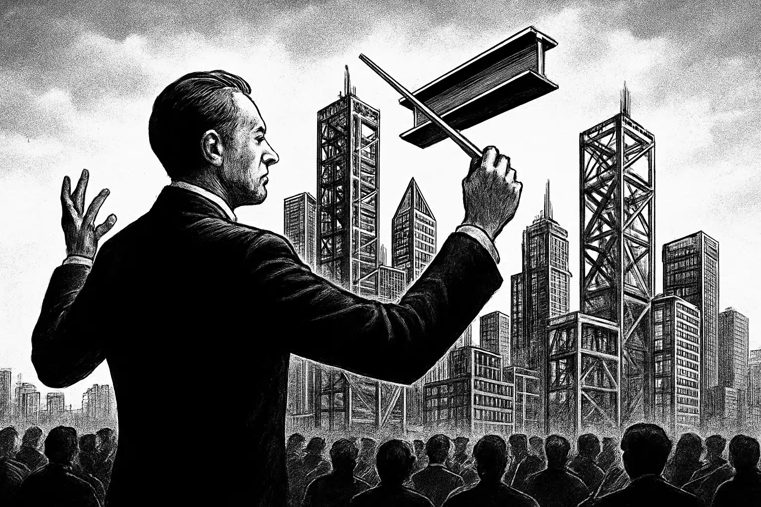 Conductor orchestrating steel beams in a city skyline, symbolizing steel construction.