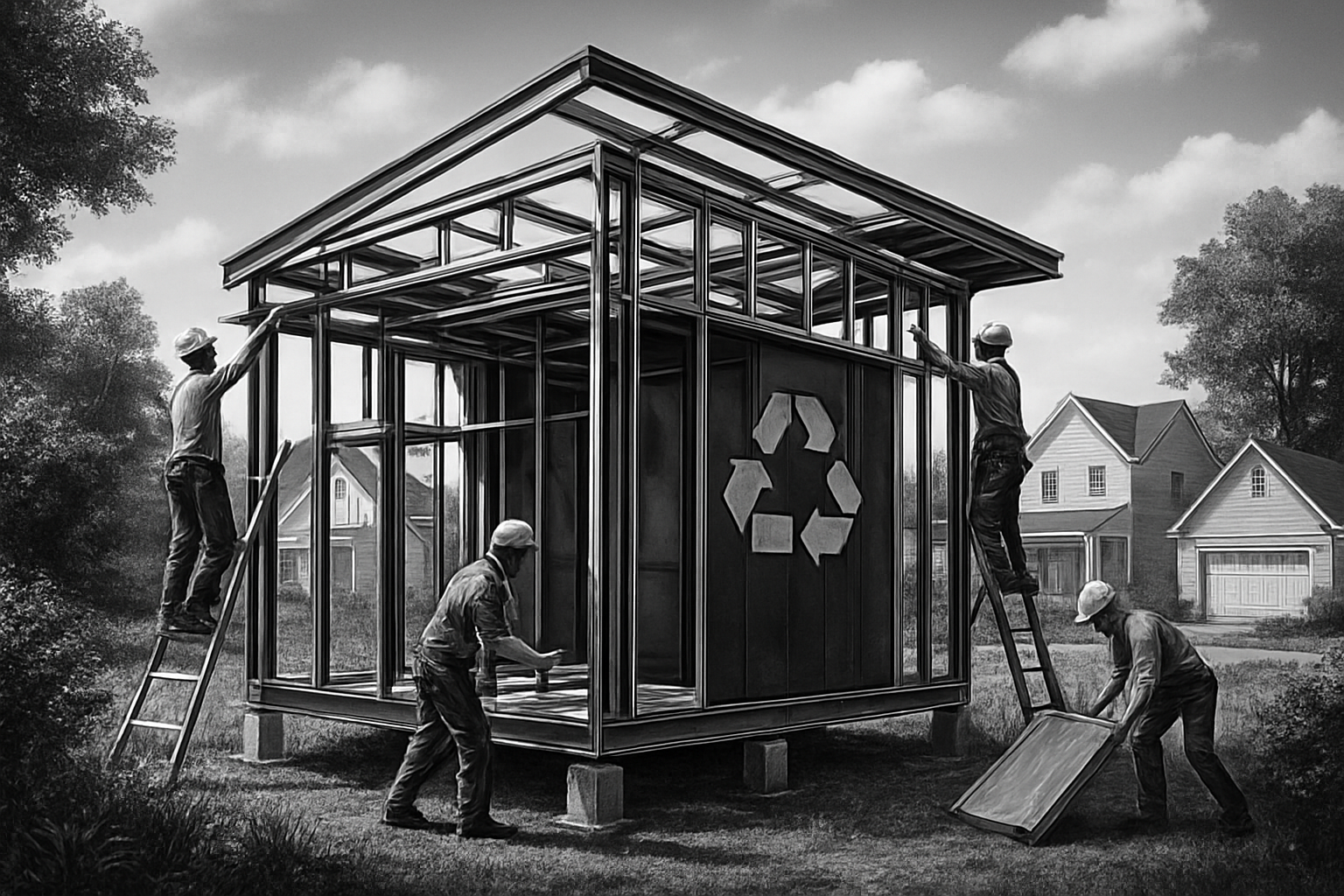 Workers constructing a steel tiny home with a recycling symbol.