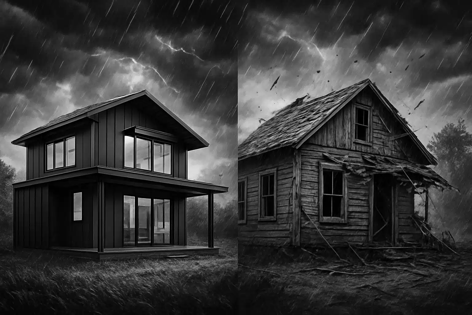 Steel building and wooden house in stormy weather