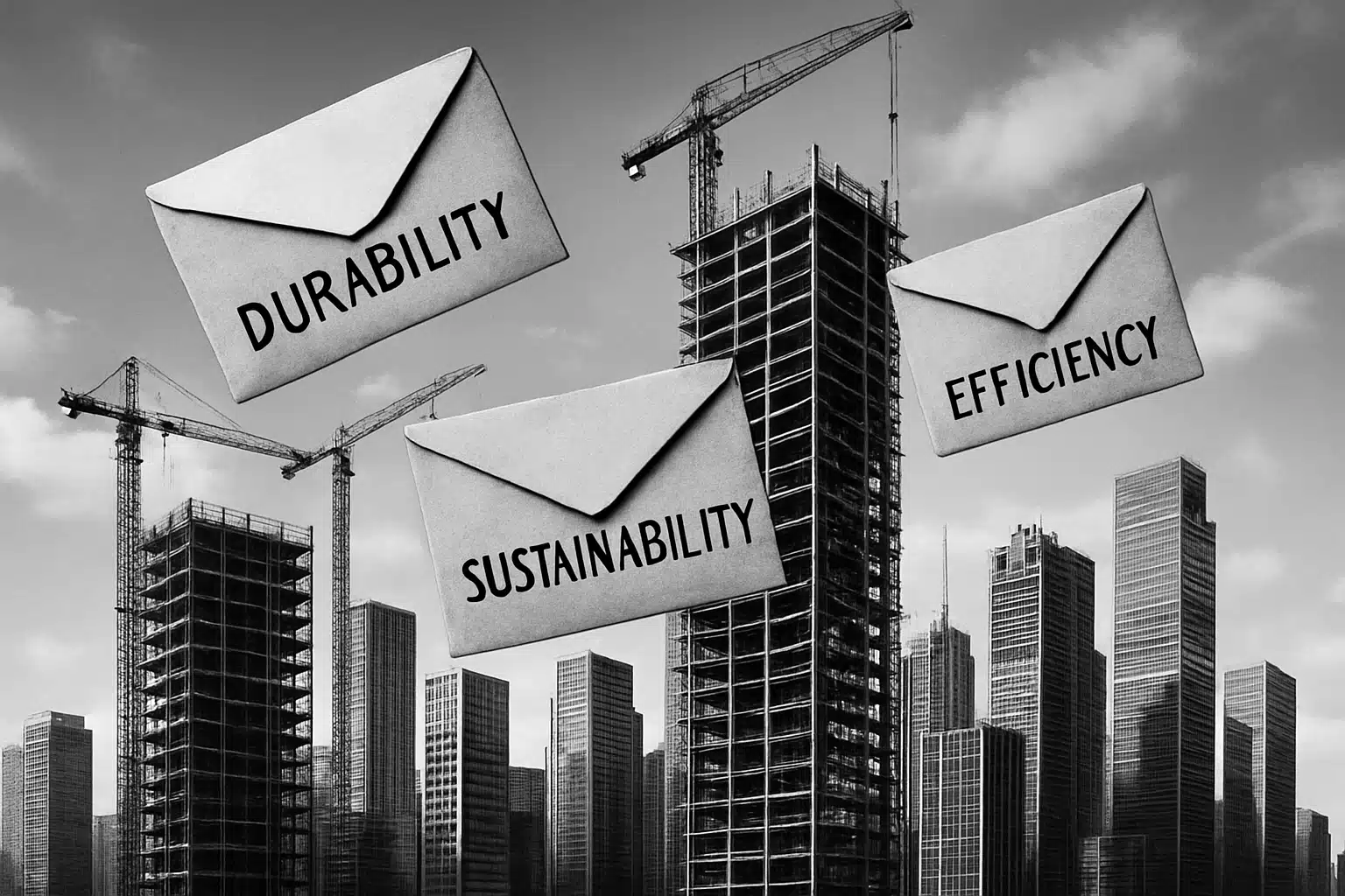 Steel construction site with envelopes labeled durability, sustainability, efficiency.