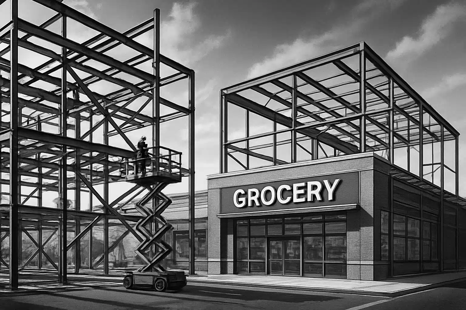 Steel construction of a grocery building with scaffolding and worker.