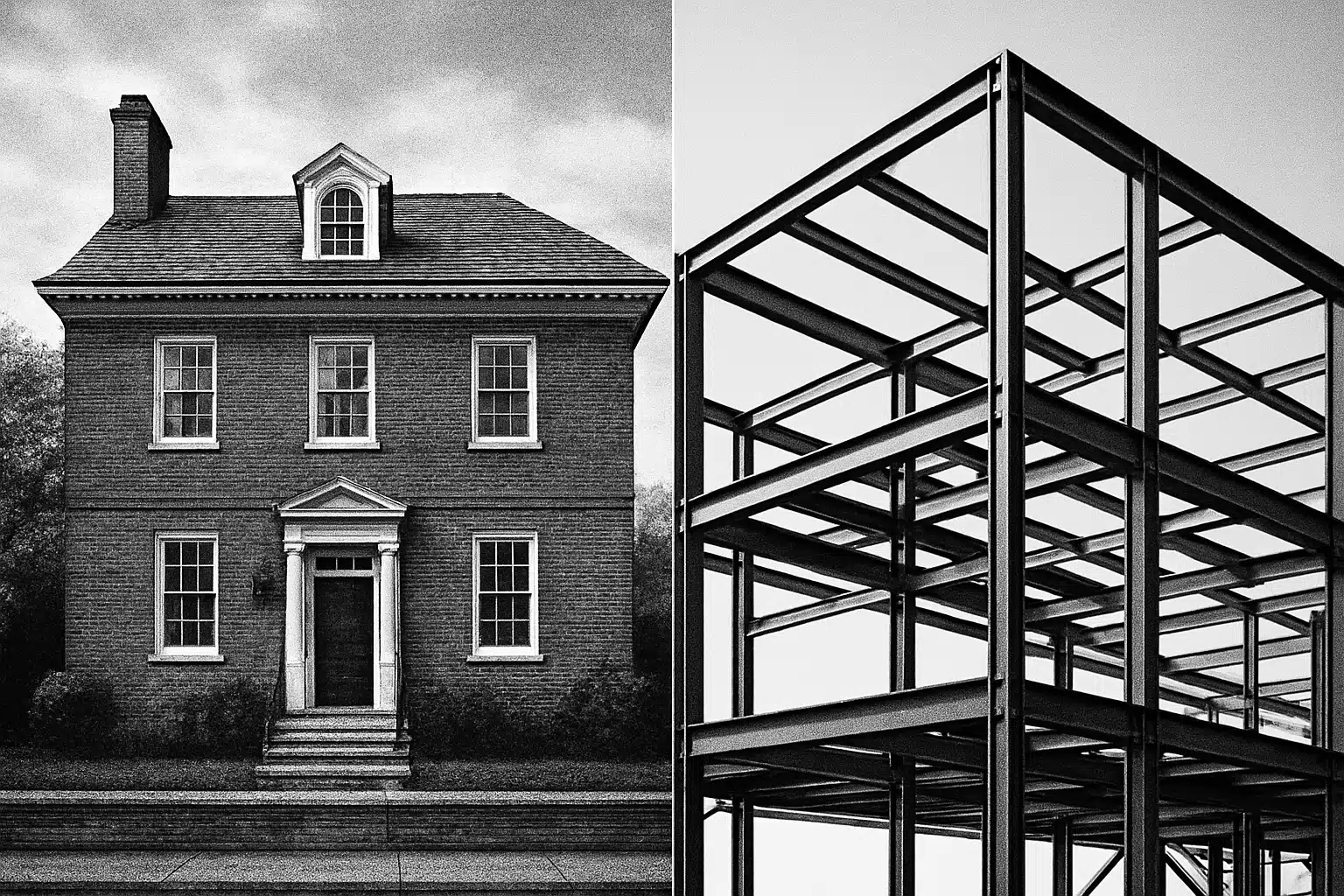 Historic brick house next to modern steel construction framework
