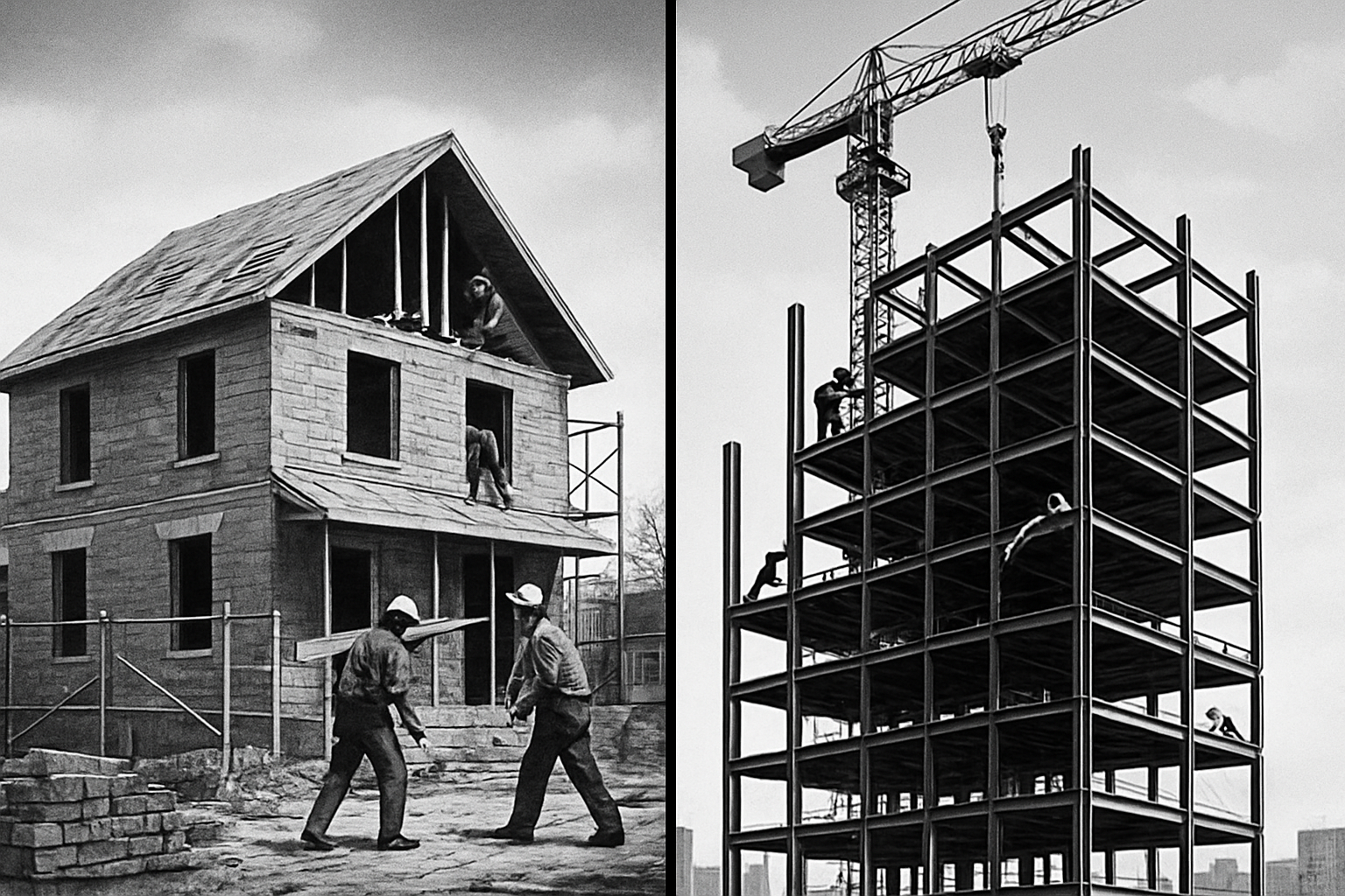 Steel Shift In Hintonburg Construction Comparison of traditional house construction and modern steel building framework.