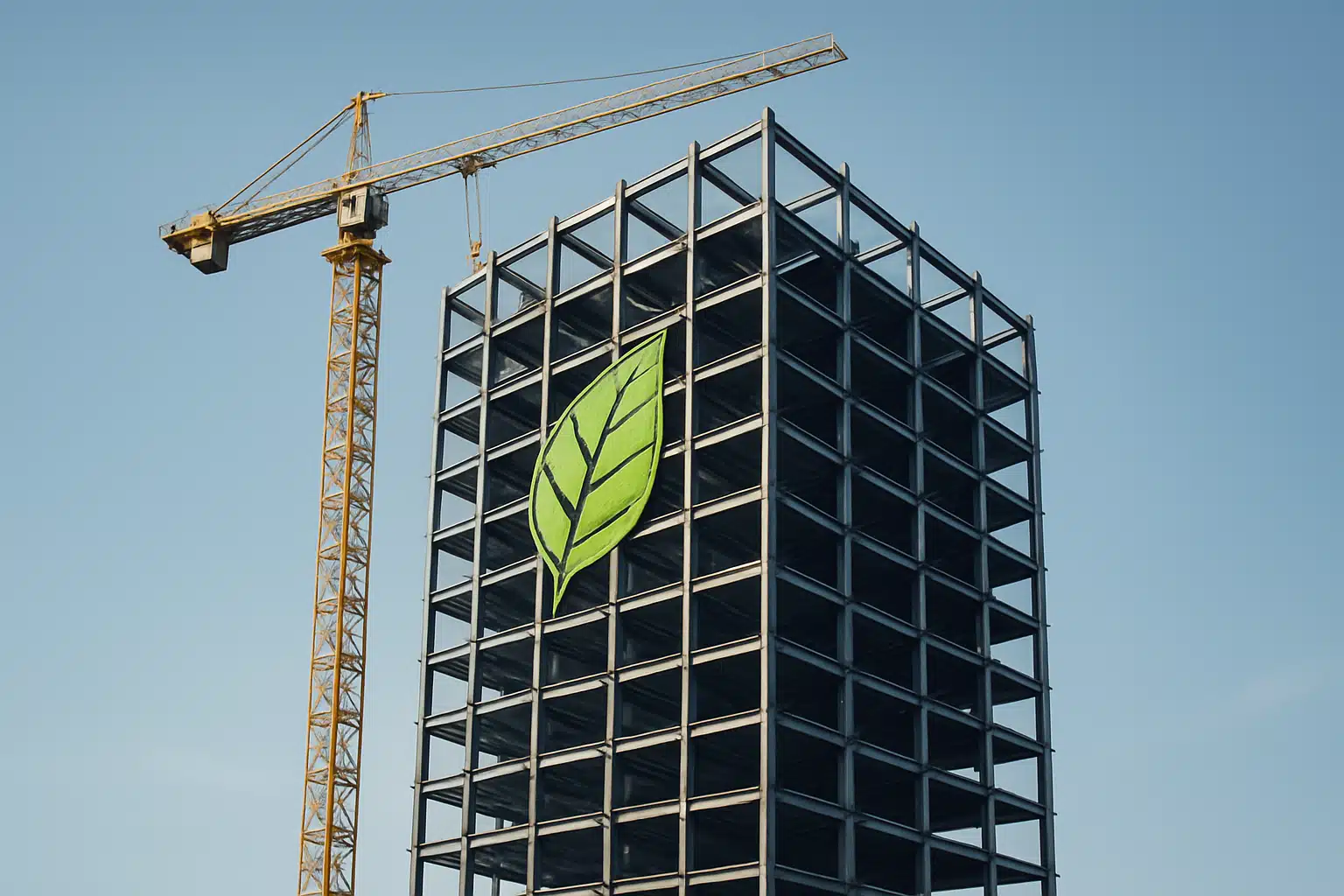 Steel Skyscraper Sustainable Future Steel skyscraper under construction with a crane and green leaf symbol.