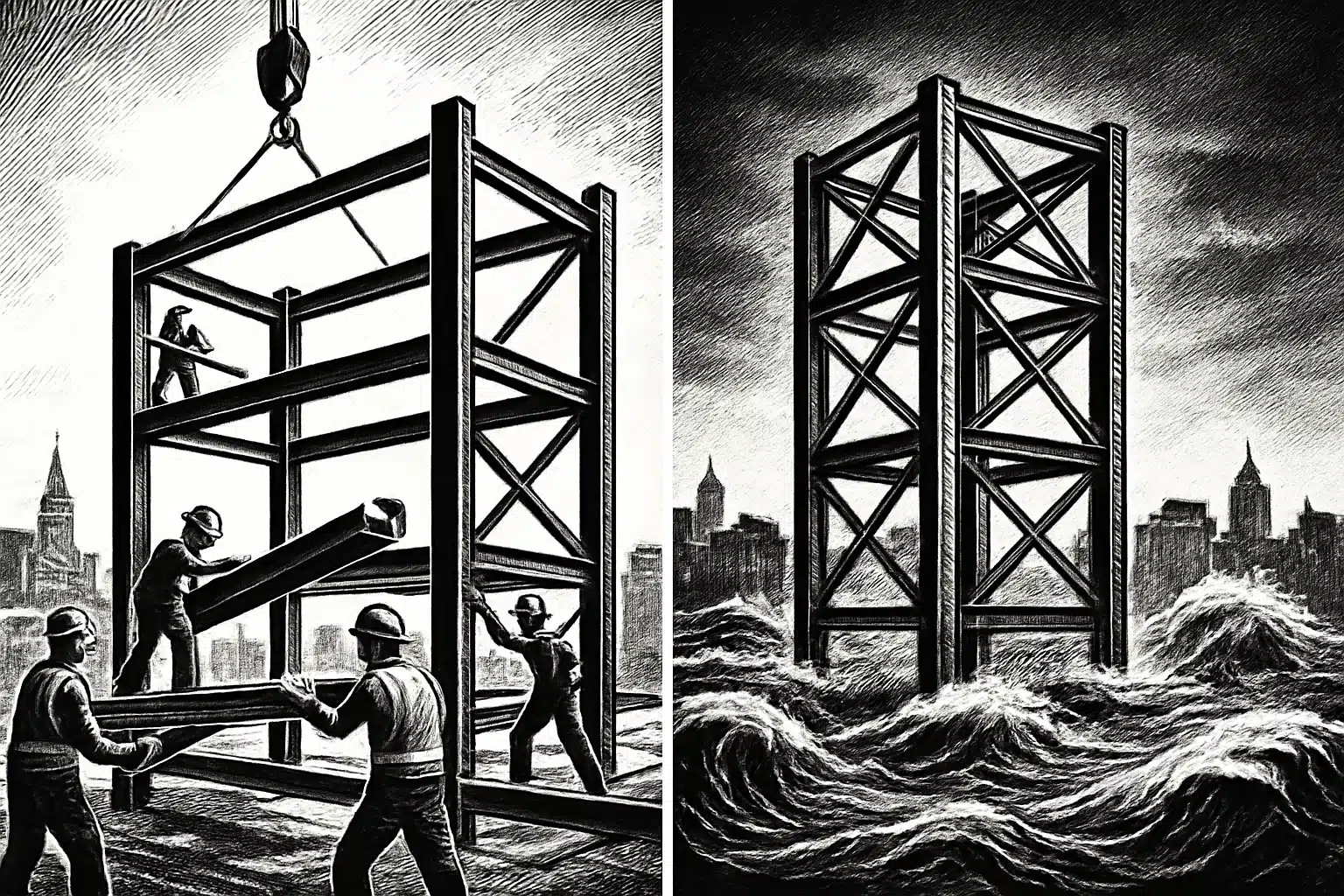 Steel construction framework being assembled and enduring a storm.
