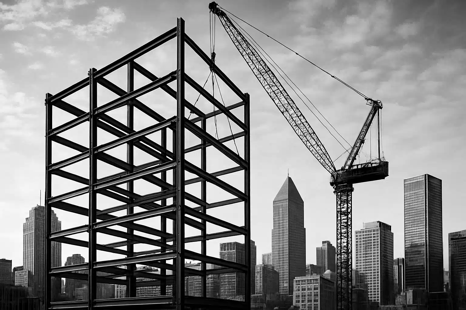 Steel construction frame with crane against urban skyline.