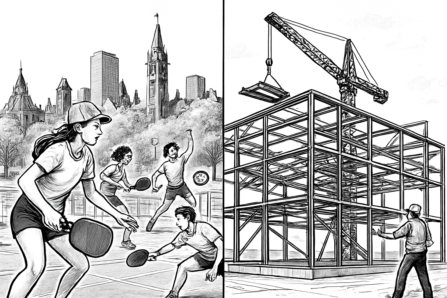 Gen Z Pickleball And Steel Construction In Canada Gen Z playing pickleball beside steel construction site with crane.