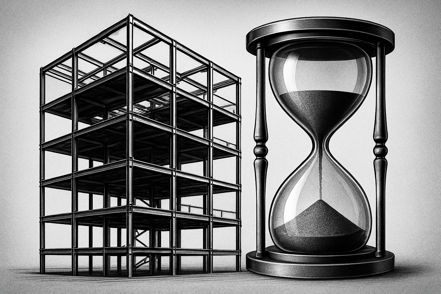 Steel frame building with hourglass symbolizing time efficiency in construction.